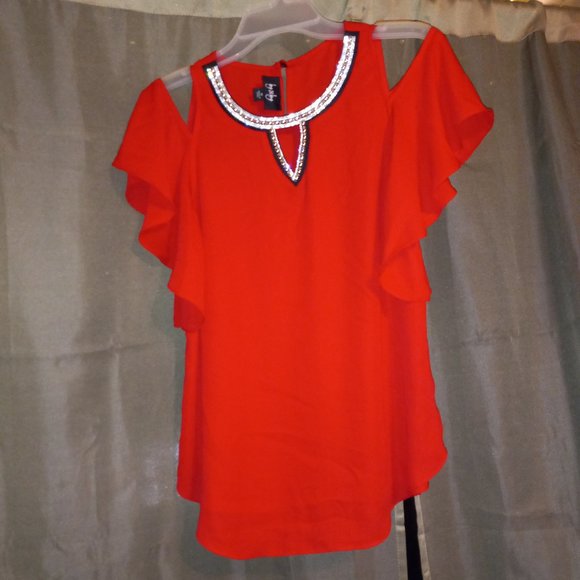 Red Off the Shoulder Cap Sleeve Evening / Office Shirt - Picture 2 of 5
